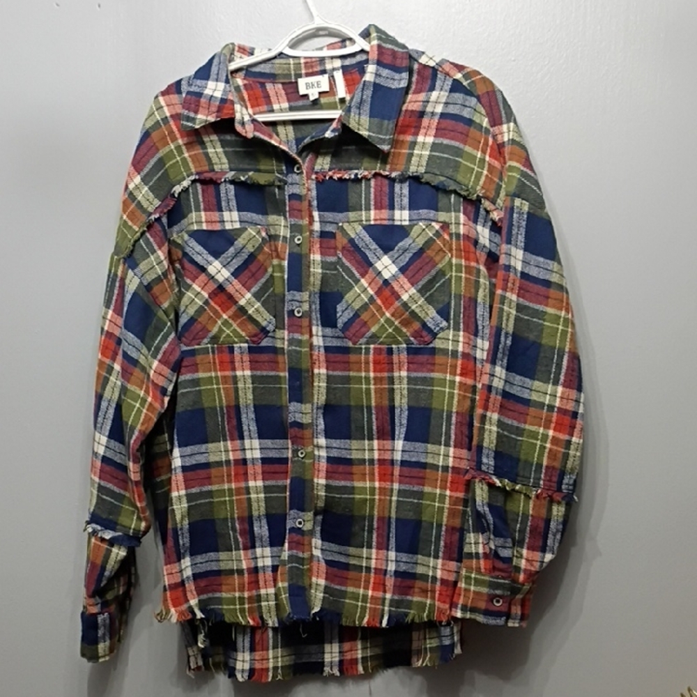 BKE Plaid Brown/Green Flannel Fringe  Long Sleeve SZ XL